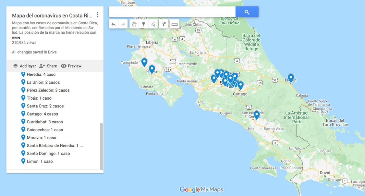 Map of Coronavirus Cases in Costa Rica